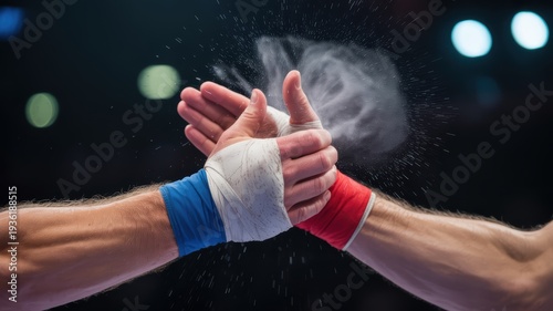 Intense athletes handshake with chalk dust in dramatic arena light symbol of teamwork sportsmanship strength and victory