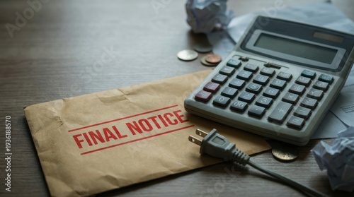 Urgent final notice letter risk financial trouble on table with calculator paper bill debt payment warning overdue account stress concept focus