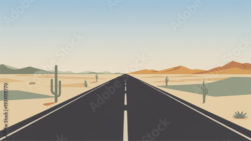 Long desert highway stretching to mountains clear blue sky sandy terrain cacti