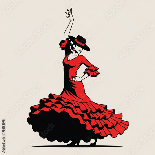 Spanish Flamenco Dancer in Red Dress Traditional Dance Illustration