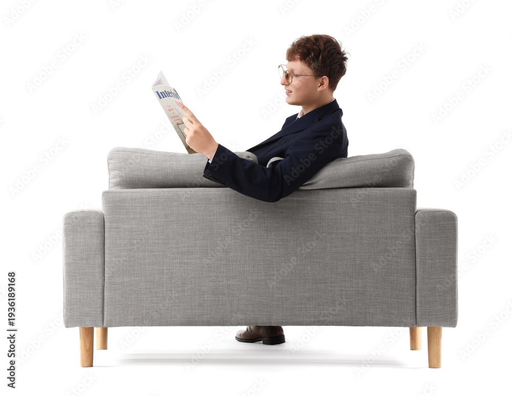 Obraz premium Redhead young businessman reading magazine on grey sofa against white background, back view
