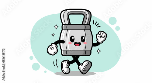 Cheerful Anthropomorphic Kettlebell Mascot Ready to Train.