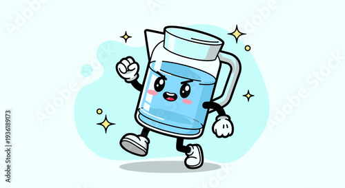 Cheerful Anthropomorphic Water Bottle Running Hero.