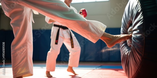 Martial arts training barefoot athlete kicking pad in dojo gym focused karate practice self defense workout and combat sports fitness