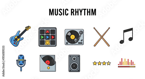 Collection of ten music and rhythmrelated icons displayed against a white background