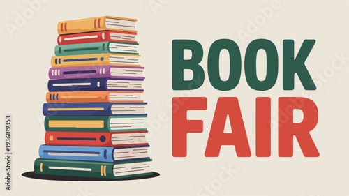Colorful book fair poster with stacked books and bold text on beige background reading event promotion