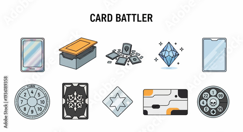 A collection of ten illustrated icons related to a Card Battler game arranged in two rows