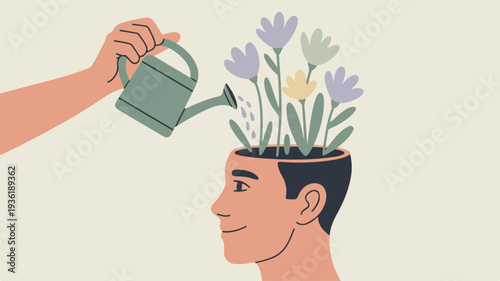 Man with flowers growing out of head being watered by hand holding green watering can on beige background