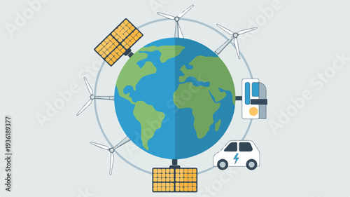Global network and communication technology earth with satellites vehicle and energy storage eco friendly transportation concept sustainable development flat design illustration