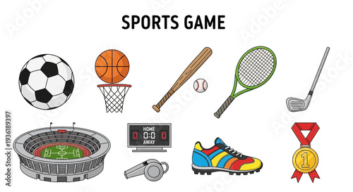 Collection of sports equipment and a stadium illustration on a white background