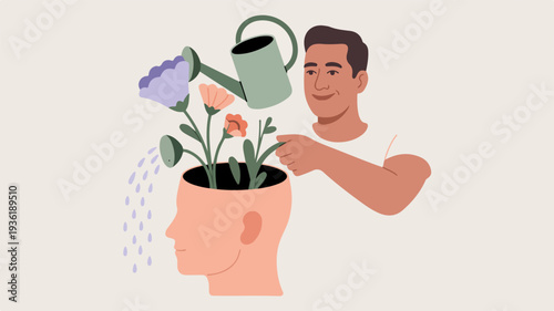 Man nurturing a flower growing out of his head with a watering can symbolizing mental growth and self care in a minimalist style