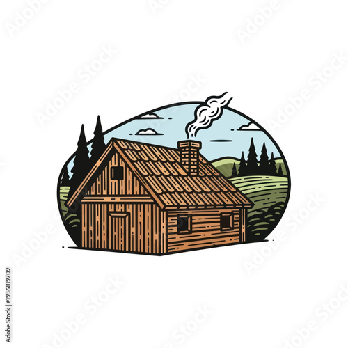 Rustic Wooden Cabin with Smoke from Chimney.