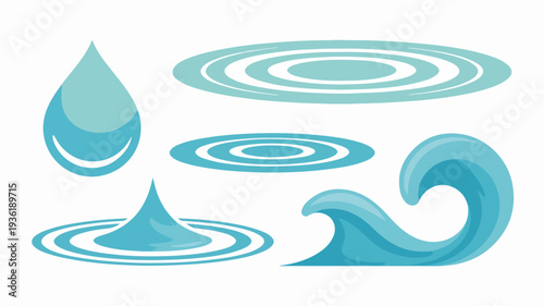 Vector illustration set featuring water elements including droplets ripples and waves in various shades of blue on a white background