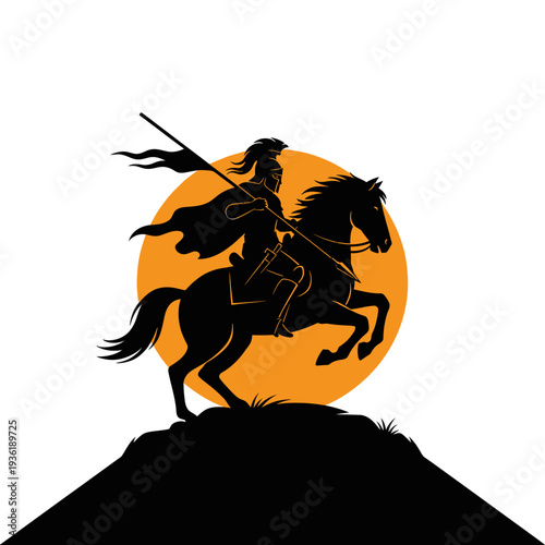 Silhouette of a medieval knight on horseback with a flag.