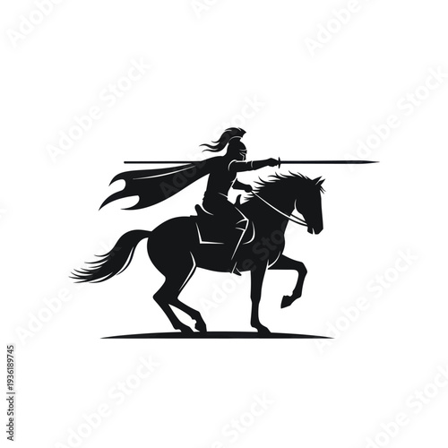 Silhouette of a warrior on horseback holding a spear.