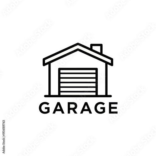 Simple line art illustration of a garage with a rolling door and a roof, accompanied by the word GARAGE below it.