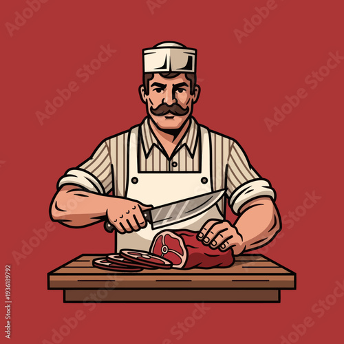 Skilled butcher with mustache slicing a large cut of meat on a wooden board.