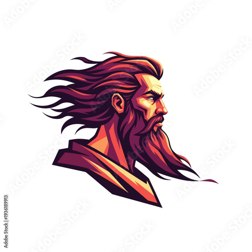 Stylized illustration of a bearded man with flowing hair.