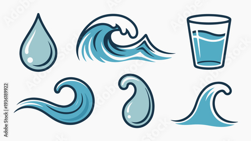 Vector illustration set featuring blue wave and water icons including a teardrop ocean waves and a glass of water on a white background