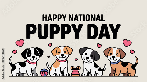Four cute puppies celebrate happy national puppy day with hearts and toys on beige background
