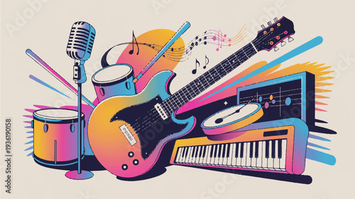Vibrant music instruments composition with guitar keyboard drum and microphone on colorful background symbolizing creativity and entertainment in music industry
