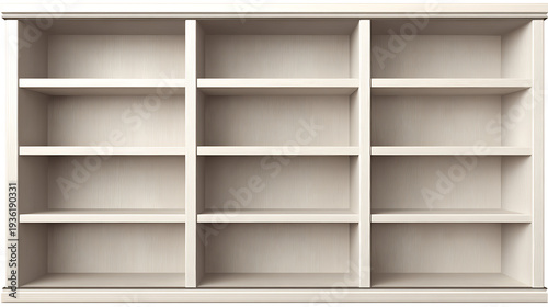 A white bookcase with shelves that are empty