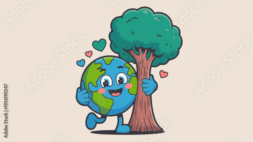 Cheerful cartoon earth character hugging a tree with hearts symbolizing love and care for the environment and nature conservation