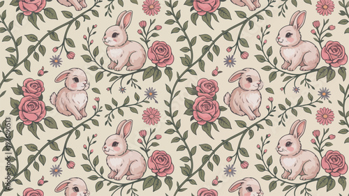 Vintage seamless pattern featuring adorable pink rabbits and roses on beige background with green leaves perfect for textile design and easter themed projects