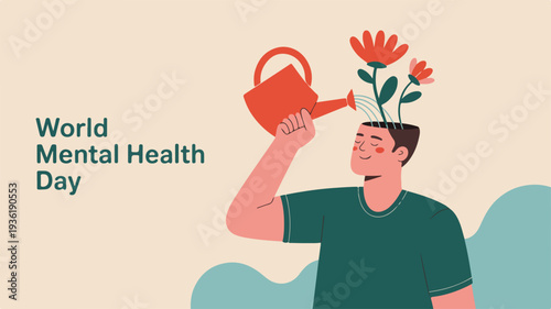 Happy man watering flower on world mental health day symbolizing self care and growth