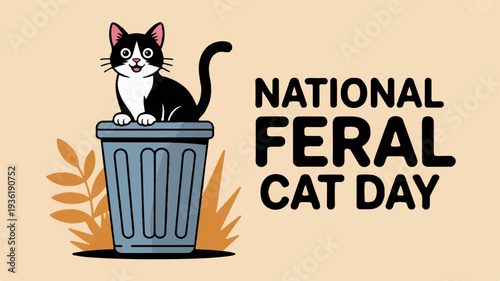 Black and white cartoon cat sitting on a trash can with national feral cat day text orange leaves beige background vector illustration for pet awareness