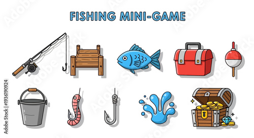 Collection of ten cartoon icons related to fishing arranged in two rows