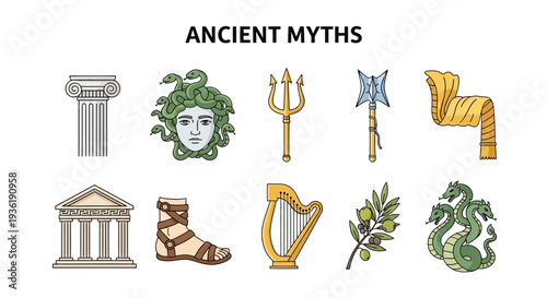 Cartoon icons representing elements of ancient myths arranged in two rows