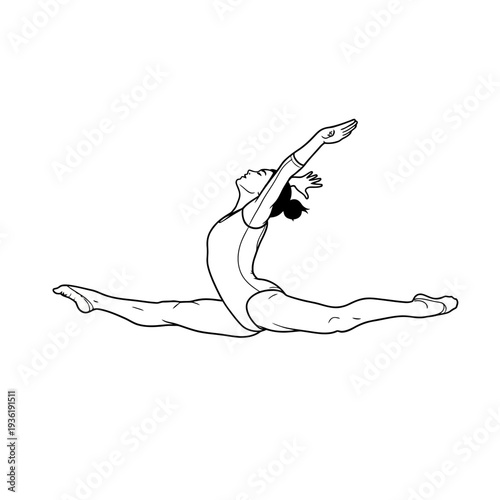 Young gymnast in a split pose, elegant line art illustration, artistic gymnastics