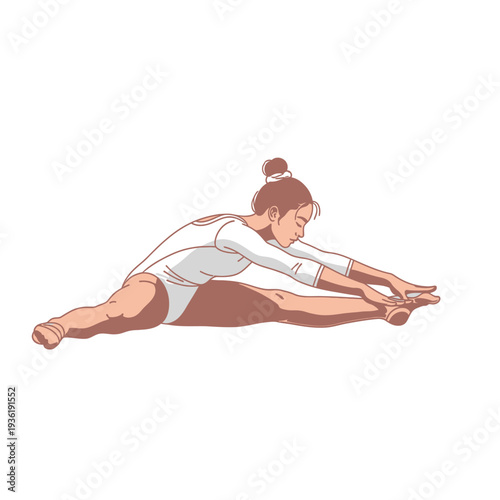 Young woman gymnast performing a straddle split stretch in a white leotard, exercise