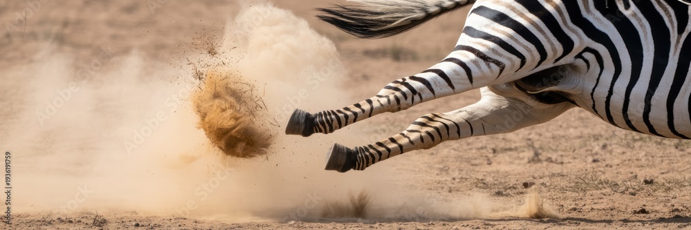 Fototapeta premium Running zebra legs kicking up dust in African savanna horizontal wildlife action scene with motion speed and dynamic energy