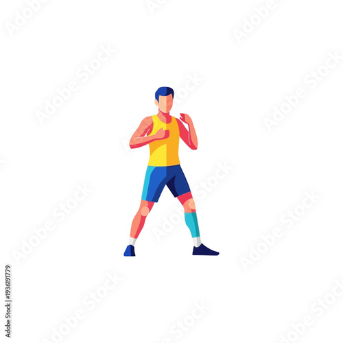 Boxer in fighting stance, dynamic geometric illustration, vibrant colors