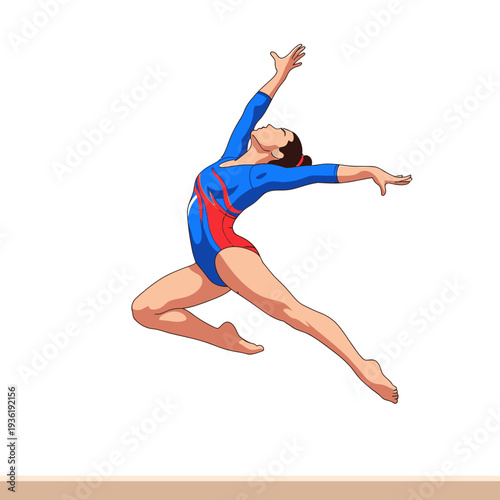 Female gymnast in blue and red leotard performing aerial gymnastics move