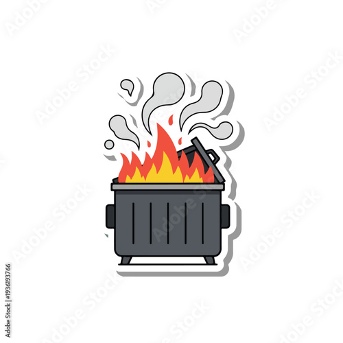 Burning Trash Bin Sticker Icon: Dumpster Fire with Flames and Smoke in Cartoon Style