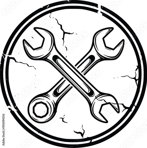 Vintage crossed wrench mechanic emblem vector, retro garage repair badge in black and white