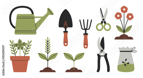 Gardening tools and plants set for spring planting and horticulture activities.