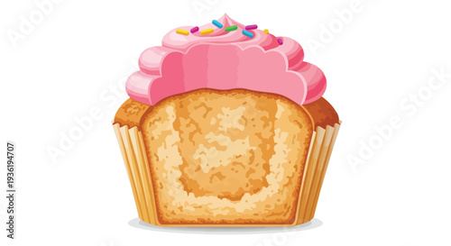 Cross section of a delicious cupcake with pink frosting and sprinkles, isolated on white