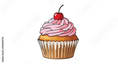 Delicious Vanilla Cupcake with Pink Frosting and Cherry Topping