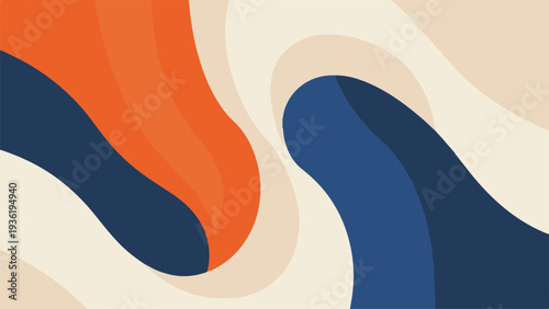 Abstract wavy shapes in orange and blue hues on a neutral background from a top-down viewpoint