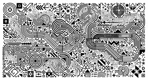 Intricate black and white abstract pattern with geometric shapes and flowing lines.