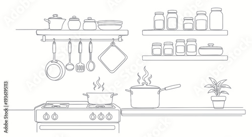 Line art illustration of a modern kitchen interior with cooking pots.