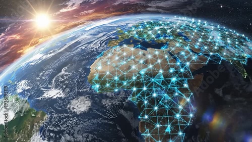 Global network connectivity spans across the Earth at sunrise