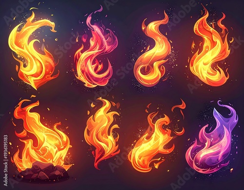 A collection of stylized flame graphics in various colors