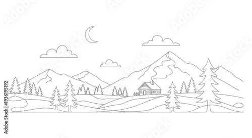 Minimalist line art of a serene mountain landscape with a cabin and trees.