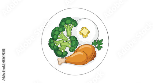 Healthy Chicken Dinner Plate with Broccoli, Rice and Butter