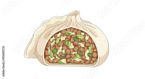 Delicious Steamed Pork Bun with Savory Filling and Green Onions, Asian Cuisine